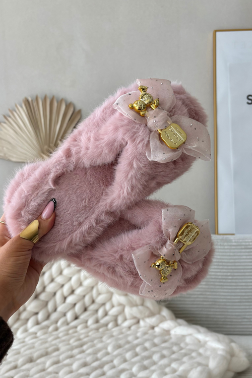 М'які жіночі тапочки з бантом і золотою прикрасою рожеві Nolara