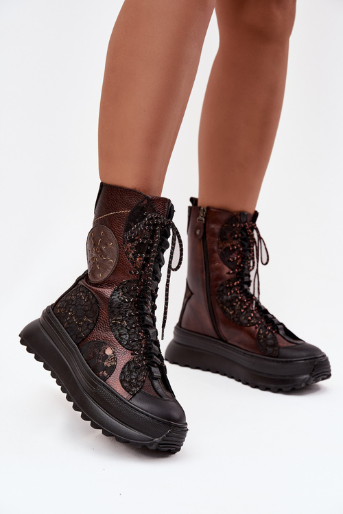 Шкіряні чоботи на платформі з підкладкою Maciejka 06565-02 коричнево-золоті