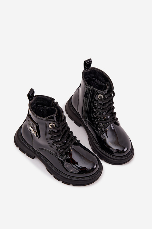 Теплі дитячі черевики на блискавці лаковані чорні Alverina