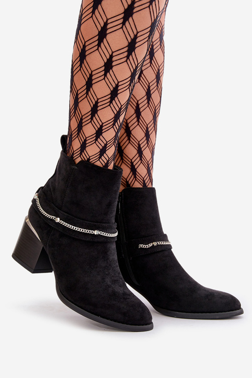 Теплі жіночі ботильйони на підборах з ланцюжком Еко Замша Чорні Hanalen