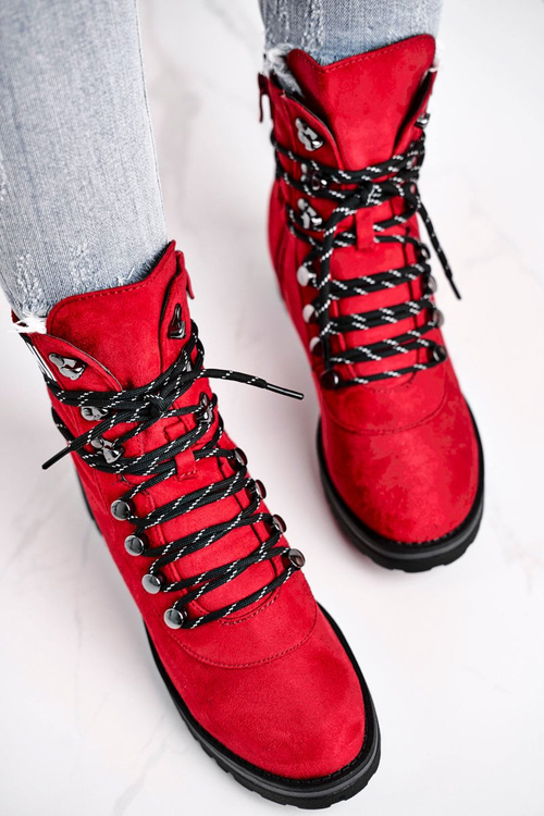 Жіночі чоботи на плоскій каблуці на блискавці, червоні Popsi