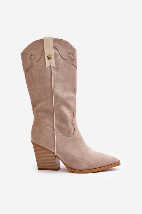 Утеплені ковбойські чоботи на каблуці з еко-замші бежеві Hanivin