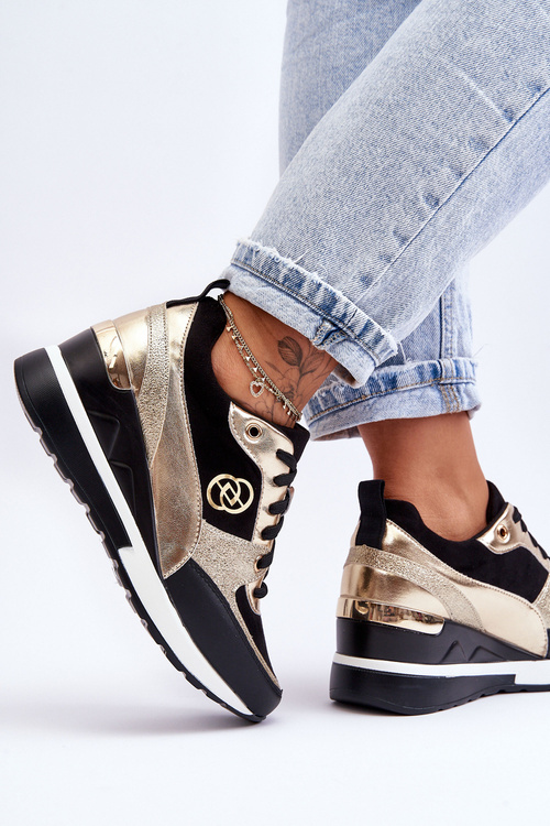 Жіночі кросівки на танкетці чорно-золоті Genova