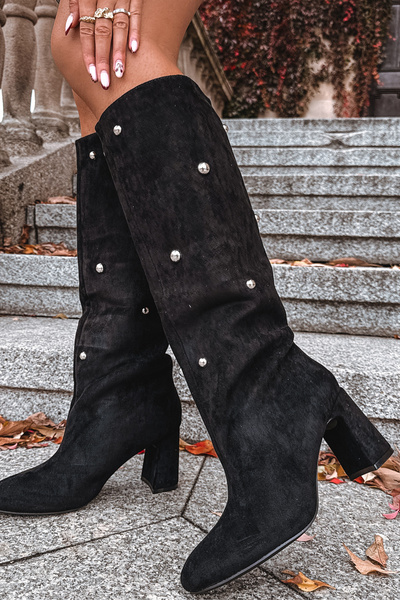 Жіночі утеплені чоботи на каблуці з декоративними деталями чорна Лусінда