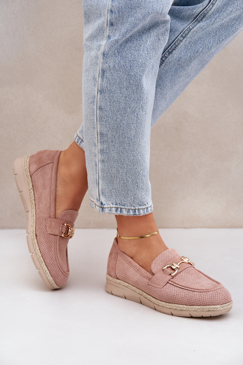 Перфоровані мокасини з золотим акцентом та джутовим плетенням рожеві Lainer
