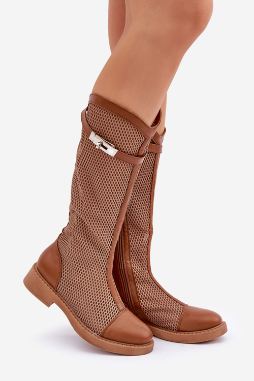 Сітчасті Чоботи На Плоскому Каблуку До Половини Ікри Коричневі Asgerda