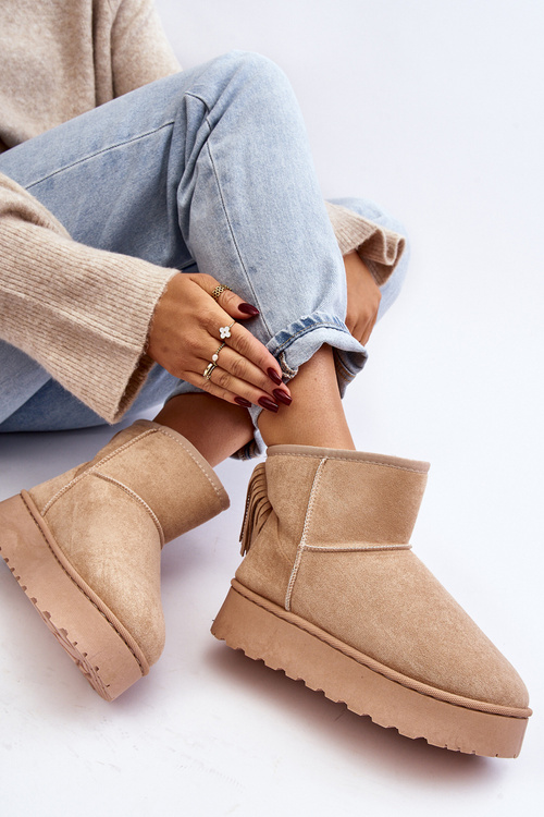 Жіночі снігові черевики на масивній платформі з бахромою бежевого кольору Lirico