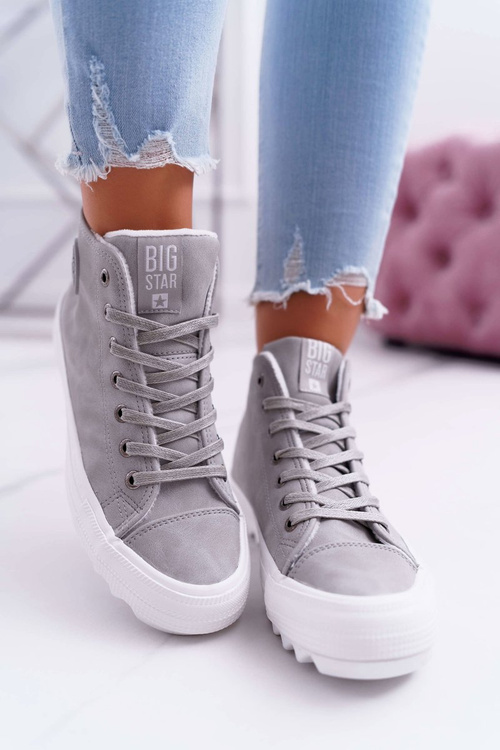 Жіночі утеплені кросівки Big Star на високих підборах сірі EE274114