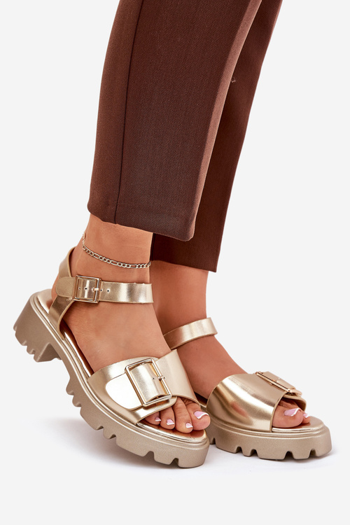 Еко Шкіряні Сандалі Жіночі З Пряжкою Золоті Gofielle