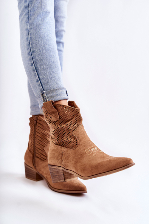 Замшеві ажурні ковбойські чоботи з відстрочкою Camel Elvire