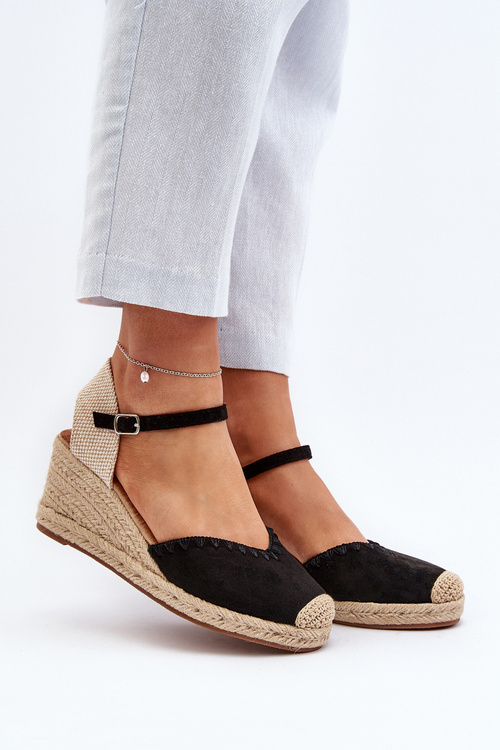 Замшеві босоніжки еспадрільї на танкетці та плетеній плетеній лінії Raylin чорного кольору