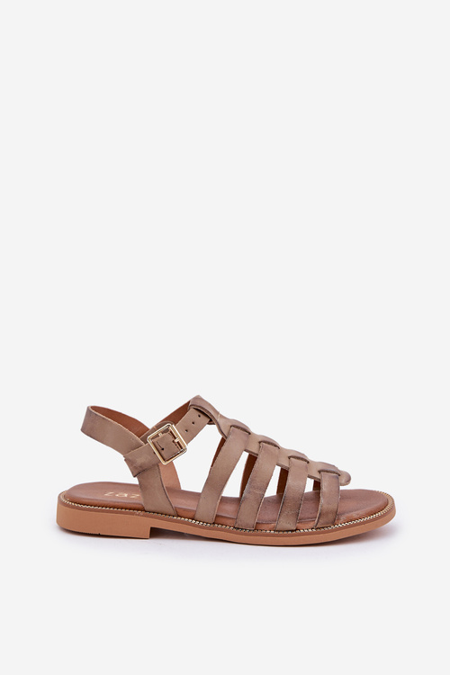 Шкіряні сандалі на плоскому каблуці темно-бежеві Зазу 3686