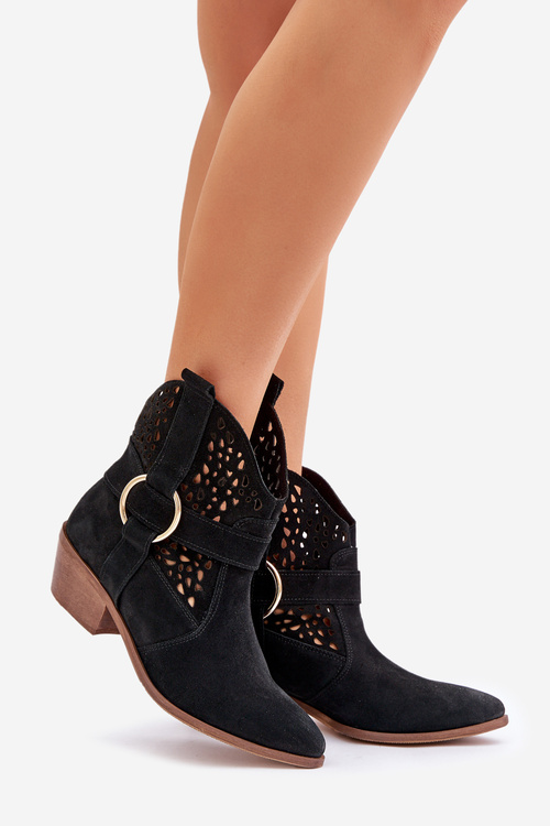 Замшеві Чоботи-Ковбої З Перфорацією На Каблуку Чорні Zazoo 2994