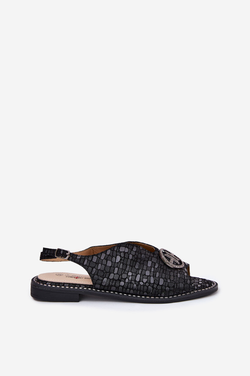 Шкіряні сандалі на плоскому каблуці з декором S.Barski KV51-094 чорні