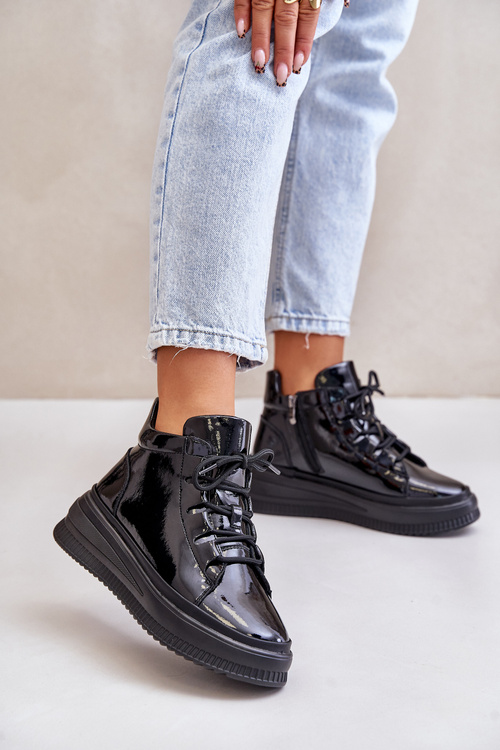 Легке лаковане спортивне взуття на платформі з натуральної шкіри Artiker 55C1049 Чорне