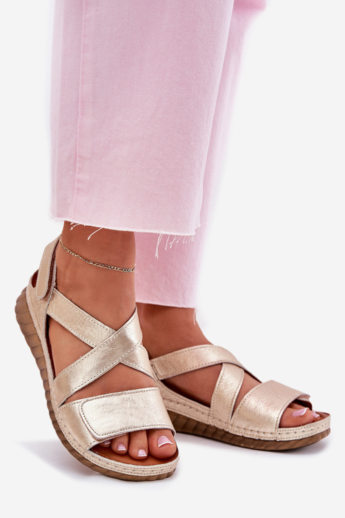 Шкіряні Жіночі Сандалі На Липучці Maciejka L6848-25 Золоті