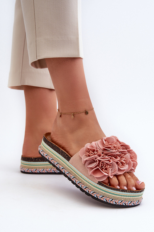 Жіночі босоніжки на платформі, прикрашені квітами, рожеві Nodina