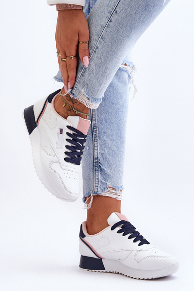 Шкіряне спортивне взуття на платформі на шнурівці Біло-темно-синя Merida