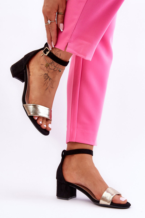 Зручні золотисті босоніжки на низькому каблуці, чорні Layna