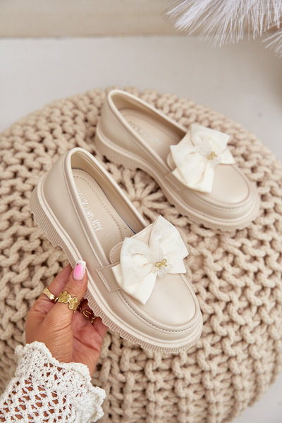 Дівчачі мокасини з бантом з еко шкіри Avallesa бежевого кольору