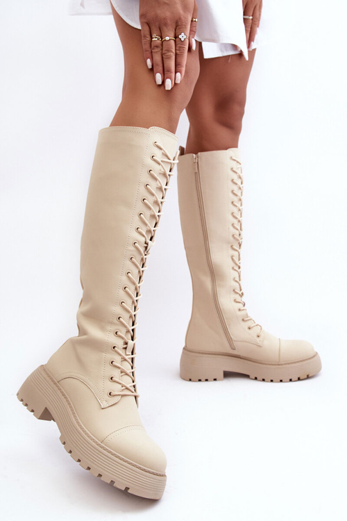 Жіночі утеплені чоботи на шнурівці Glany вище коліна, бежевого кольору Bergdis