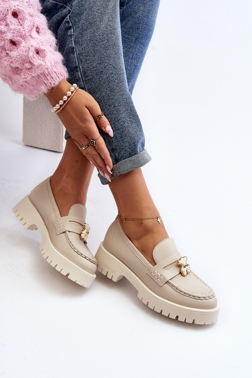 Шкіряні мокасини з ведмедиком CheBello 4291 Світло-бежевий