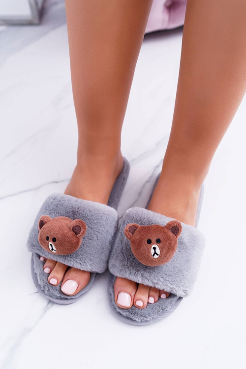 Жіночі сірі плюшеві шльопанці з ведмедиком Lu Boo
