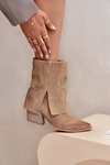 Замшеві Чоботи-Ковбой На Каблуку З Підверненою Штаниною Бежеві Zazoo 3488