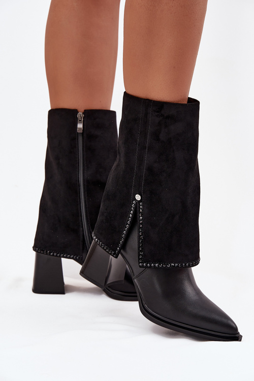 Шкіряні жіночі черевики на підборах з загнутим халявою з опаленням Maciejka K7206-01 Чорний