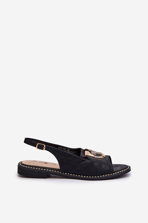 Елегантні жіночі босоніжки з золотим декором на плоскій підошві Чорні S.Barski KV27-053