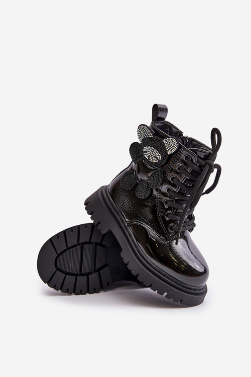 Утеплені чоботи для дівчинки з ведмедиком на блискавці, чорні лаковані Relobia