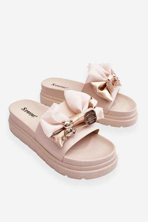 Тапочки з бантом і ведмедиком Бежеві Suzy