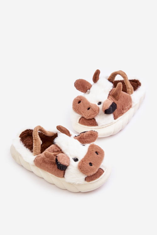 Дитячі пухнасті тапочки з мотивом корови. Коричневий таморрін