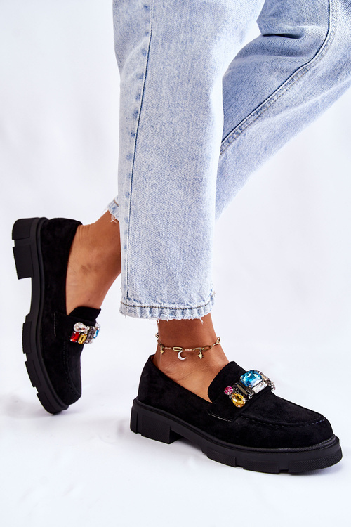 Жіночі замшеві лофери з декором чорні Karlott