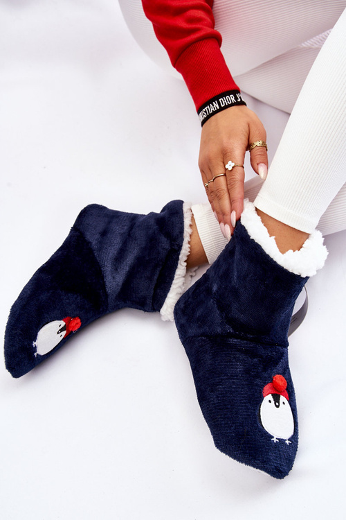 Жіночі тапочки Теплі тапочки з пінгвінами Темно-сині