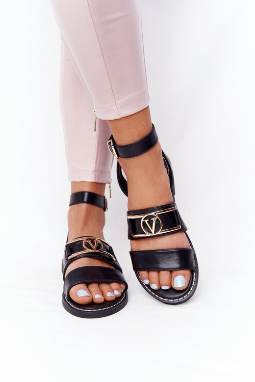 Шкіряні сандалі на плоскій підошві, чорні On Time