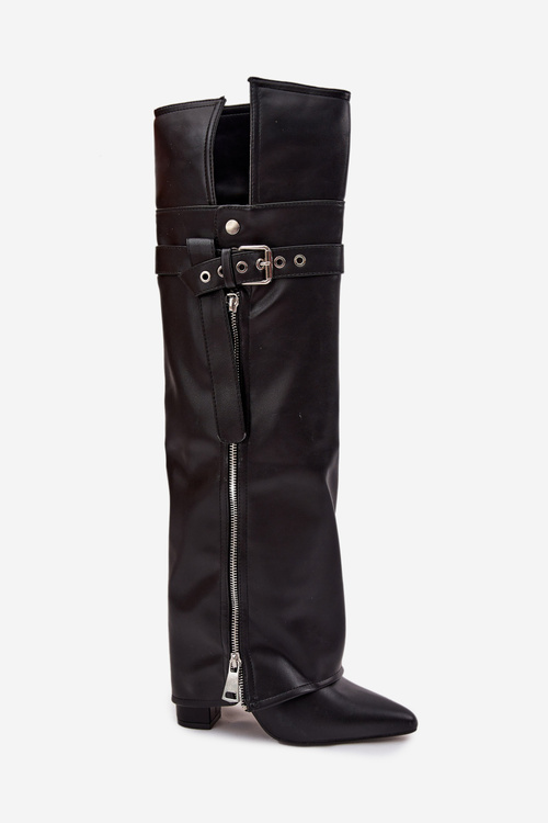 Теплі жіночі чоботи за коліно на підборах з ремінцем пряжкою і срібною блискавкою Чорні Reisa