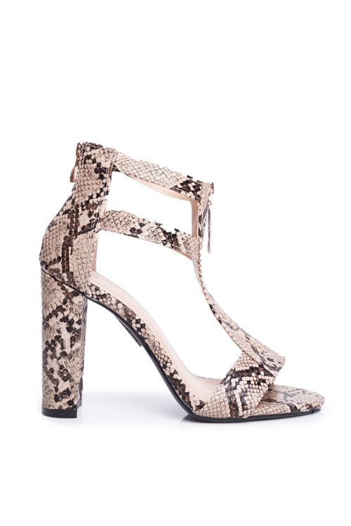 Бежеві босоніжки на шпильці зі змієподібним візерунком