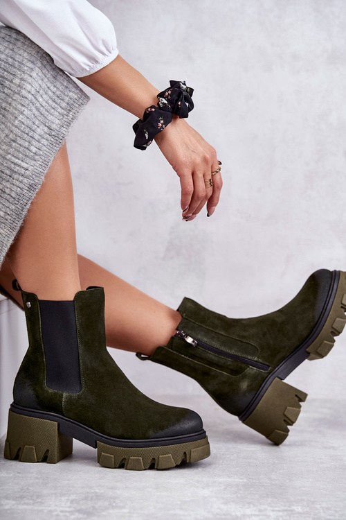Замшеві жіночі чоботи на платформі кольору хакі Hilde