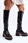 Модні лаковані жіночі чоботи під коліно чорного кольору