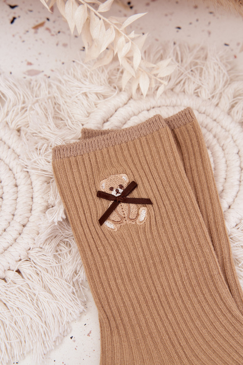 Бавовняні носки у смужку з ведмедиком світло-коричневі