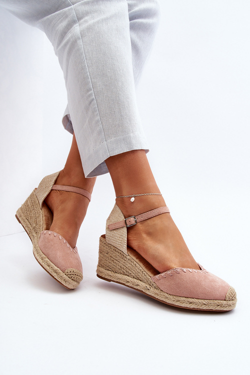 Замшеві босоніжки еспадрільї на танкетці з плетеними деталями рожевого кольору Raylin