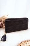 Великий стьобаний гаманець на блискавці з ремінцем чорного кольору