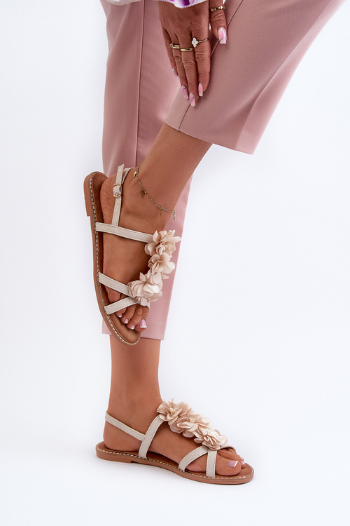 Жіночі босоніжки на плоскій підошві, прикрашені квітами, бежеві Abidina