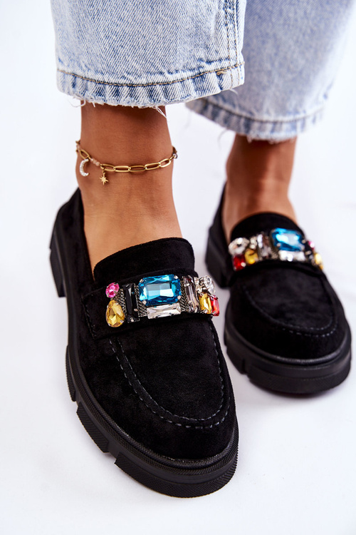 Жіночі замшеві лофери з декором чорні Karlott