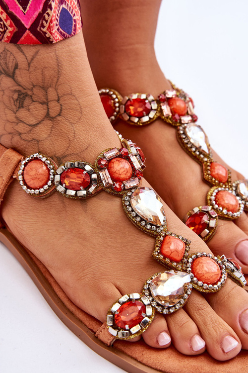 Замшеві босоніжки на плоскій підошві з камінням помаранчеві Dallas