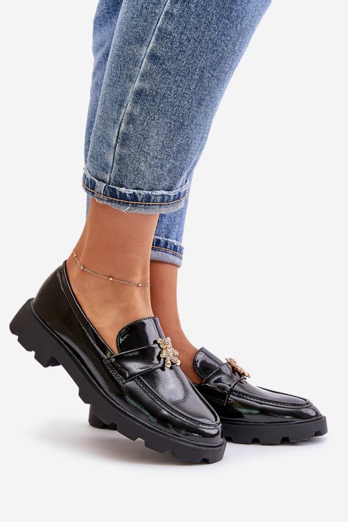 Лаковані жіночі мокасини з ведмедиком Чорна Кайтра