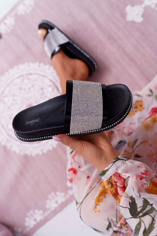 Жіночі профільовані шльопанці з цирконами Чорні Rentre