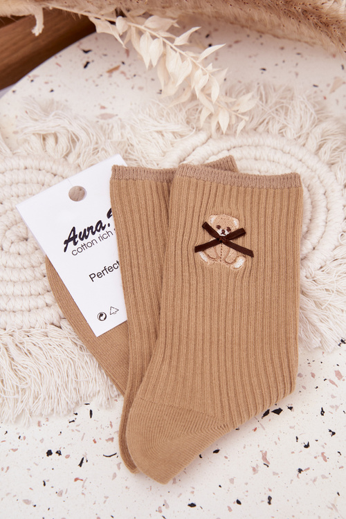 Бавовняні носки у смужку з ведмедиком світло-коричневі