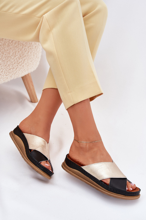 Жіночі Шкіряні Сандалі На Платформі Maciejka L4986-25 Золото-Чорні